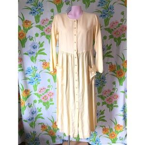 Vintage Eddie Bauer Butter Yellow 100% Linen Long Sleeve Maxi Dress Button Front